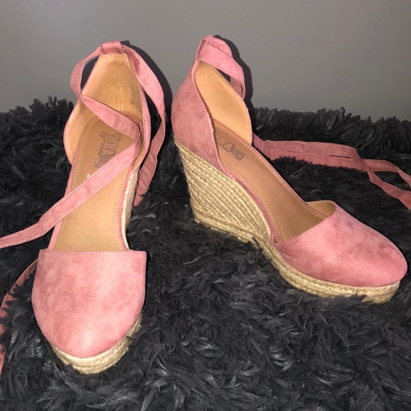pink tie up wedges